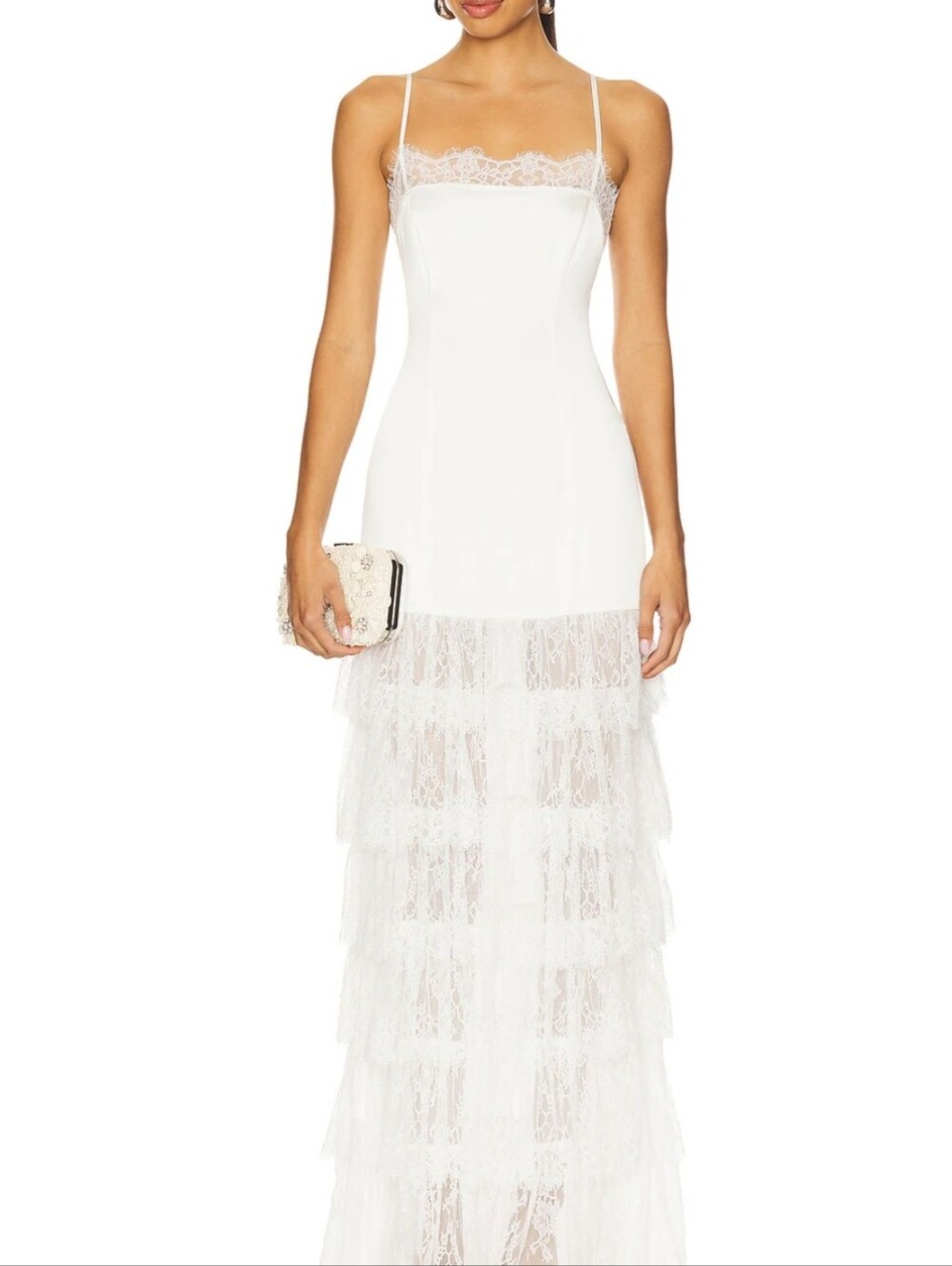 MAJORELLE White Felicite Maxi Dress in White Lace Tiered Slip Maxi Dress